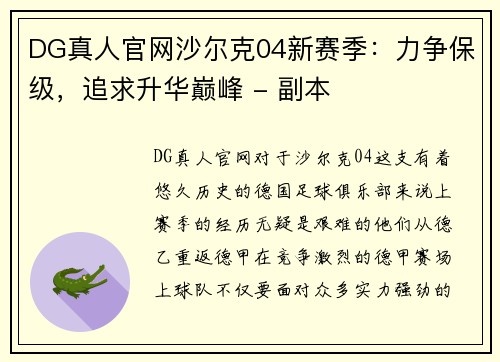 DG真人官网沙尔克04新赛季：力争保级，追求升华巅峰 - 副本